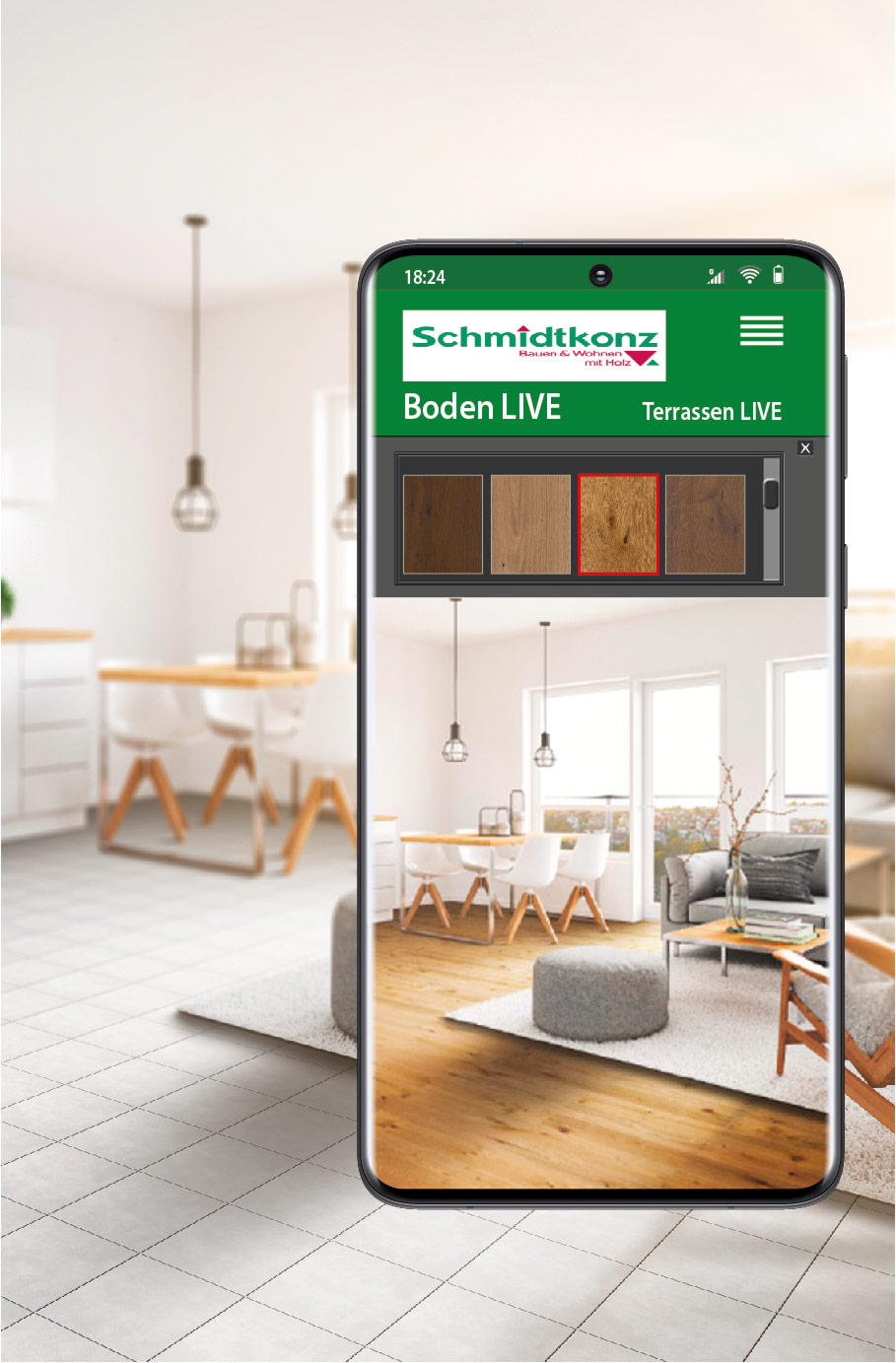 Schmidtkonz Boden Live - Parkettboden, Laminat, Designboden direkt und sofort digital im eigenen Raum verlegen